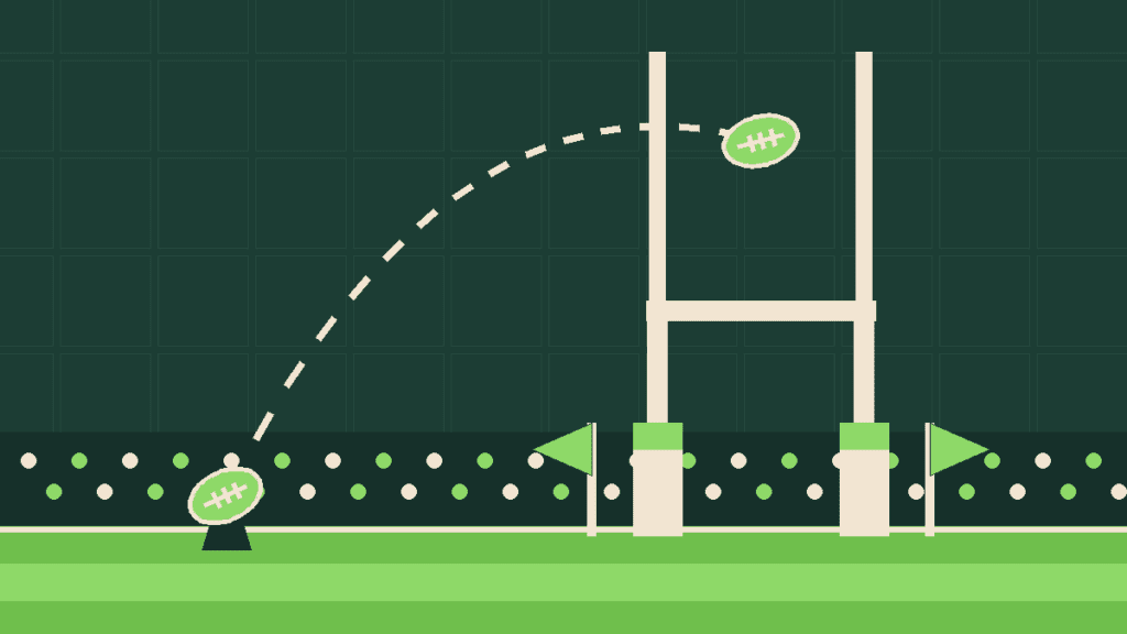 Stade de rugby stylisé : ballon transformé entre les poteaux, drapeaux des juges de touche levés, tribune et pelouse en bandes