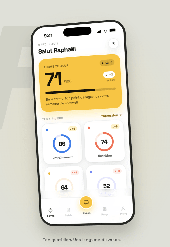 Écran d'accueil de l'application Focus Rugby : forme du jour et quatre piliers, dont l'entraînement et la nutrition